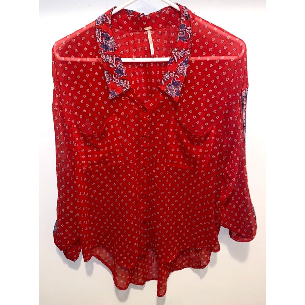 Free People Women’s S Red Bandana Paisley Easy Rider Sheer Chiffon Button Shirt